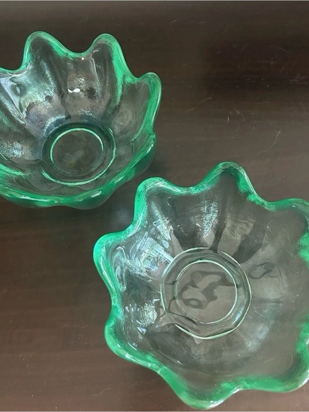 VTG Blenko Green Glass 8-Petal Scalloped Lotus Bowl, Set of Two